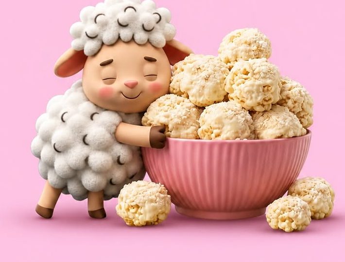 Ovelhinha da Bites abraçando uma tigela de pipoca