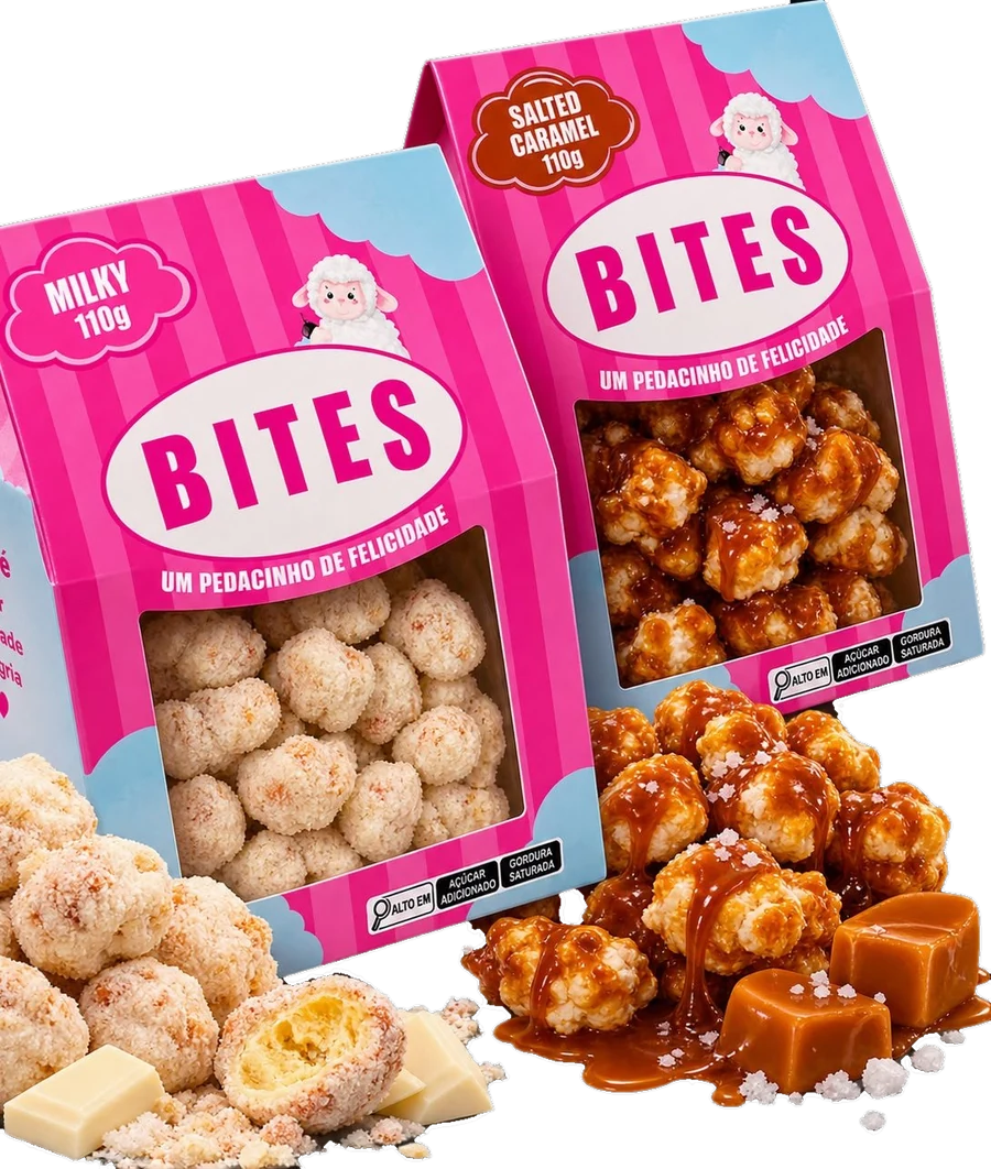 Pacotes Bites Milky e Salted Caramel com pipocas cobertas