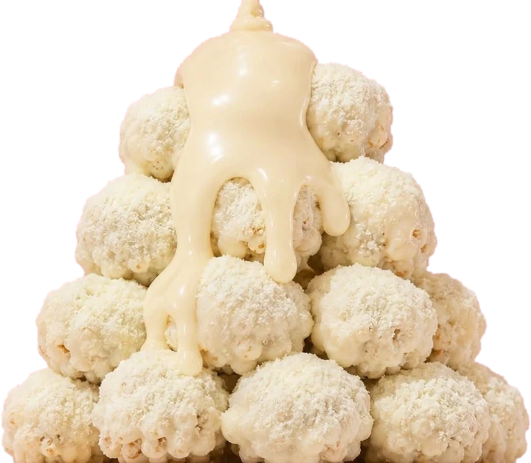 Pirâmide de pipocas Bites cobertas com chocolate branco